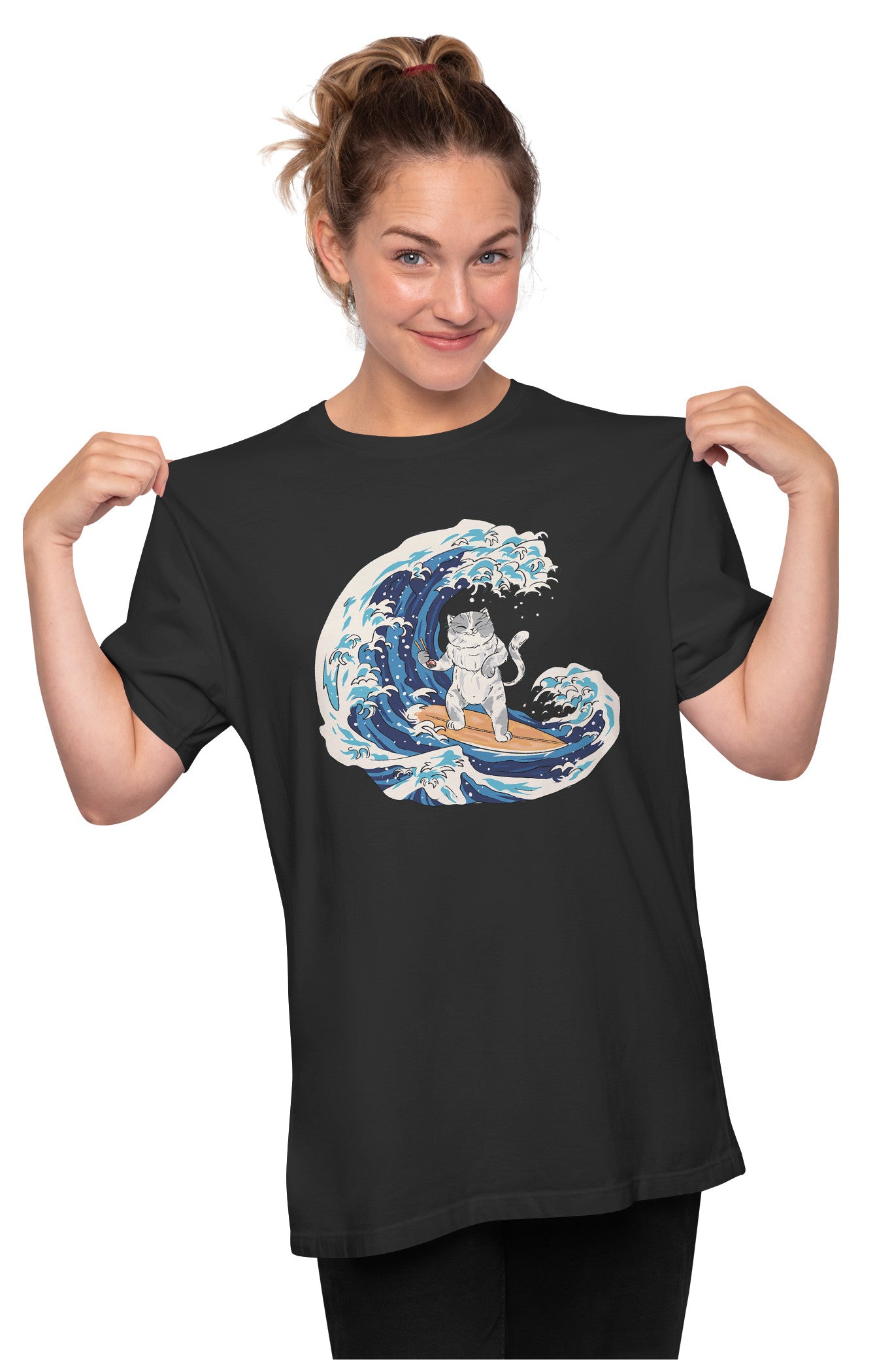 Great Wave off Kanagawa Cat Surfer Oversized Unisex T-shirt
