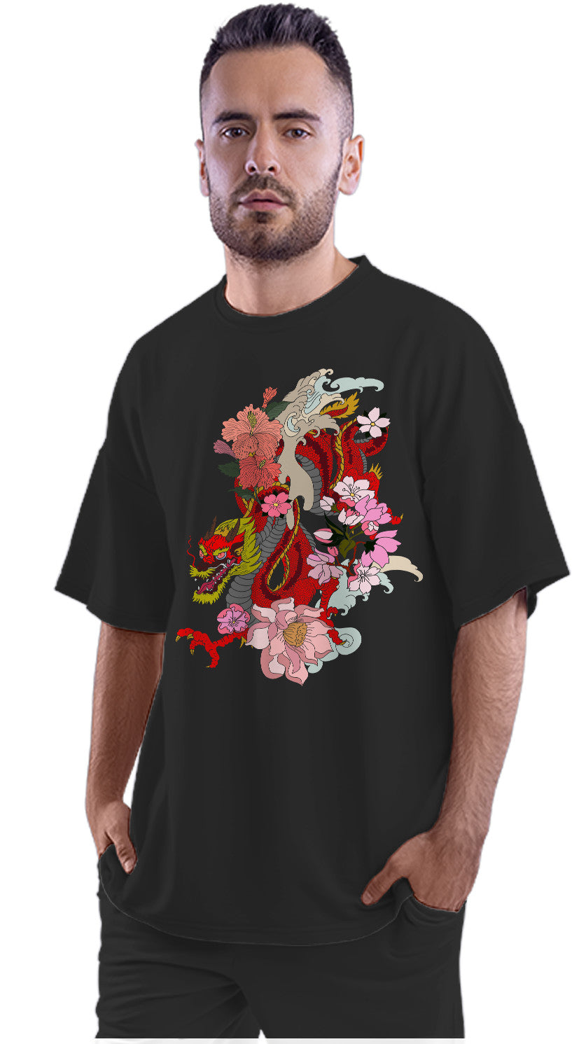 Floral Dragon Japanese Art Oversized Unisex T-shirt