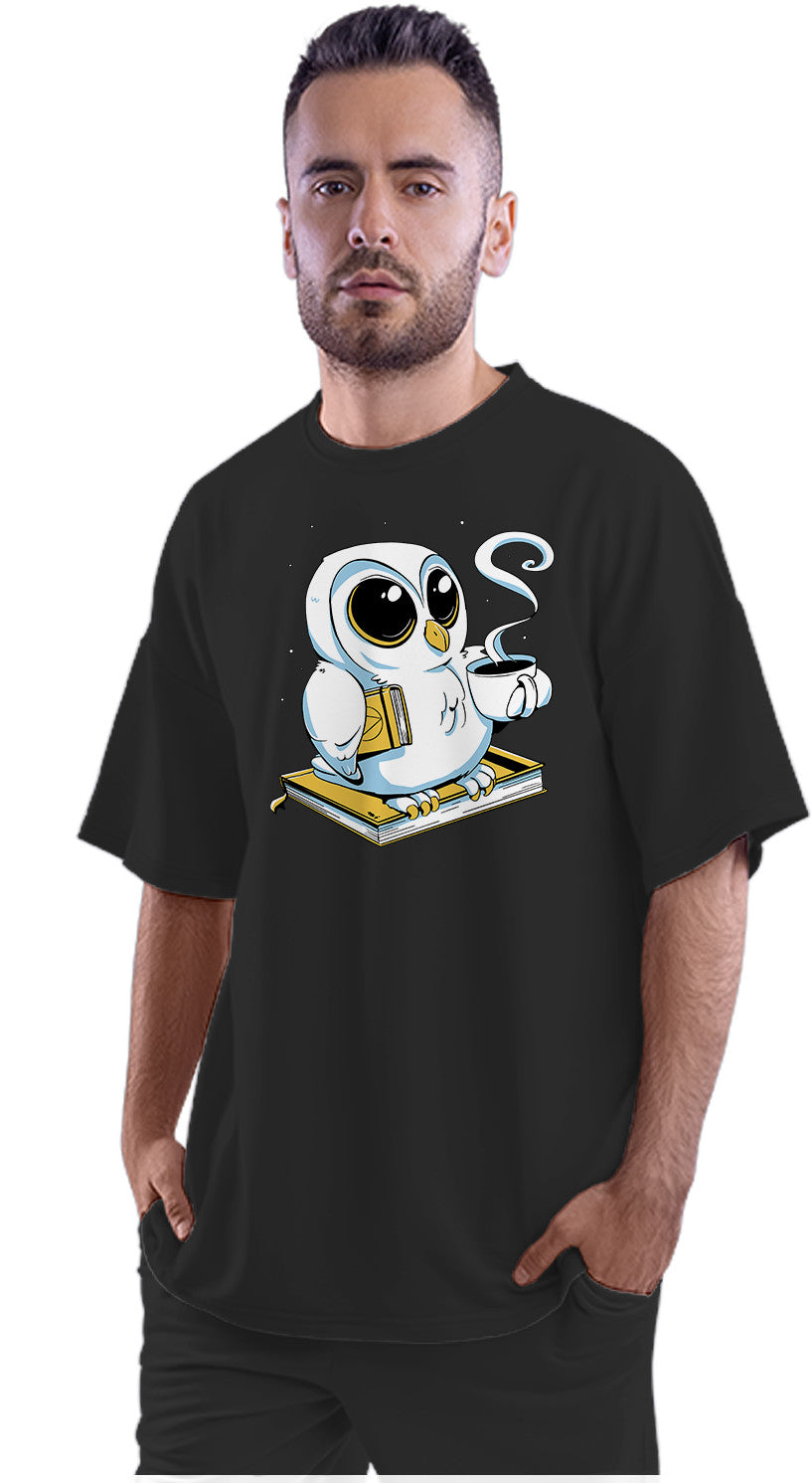 White Owl With Books & Coffee Oversized Unisex T-shirt