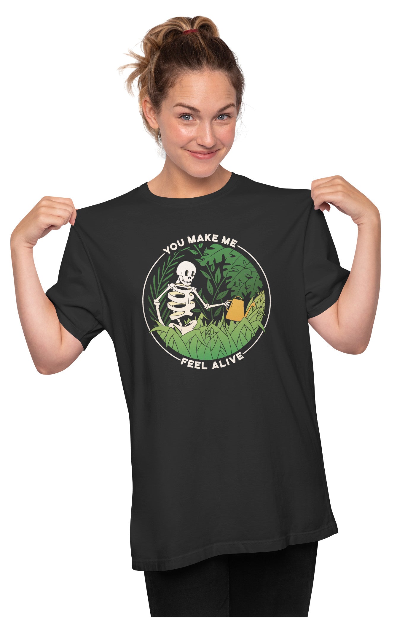 Skeleton Watering Plants Feeling Alive Oversized Unisex T-shirt