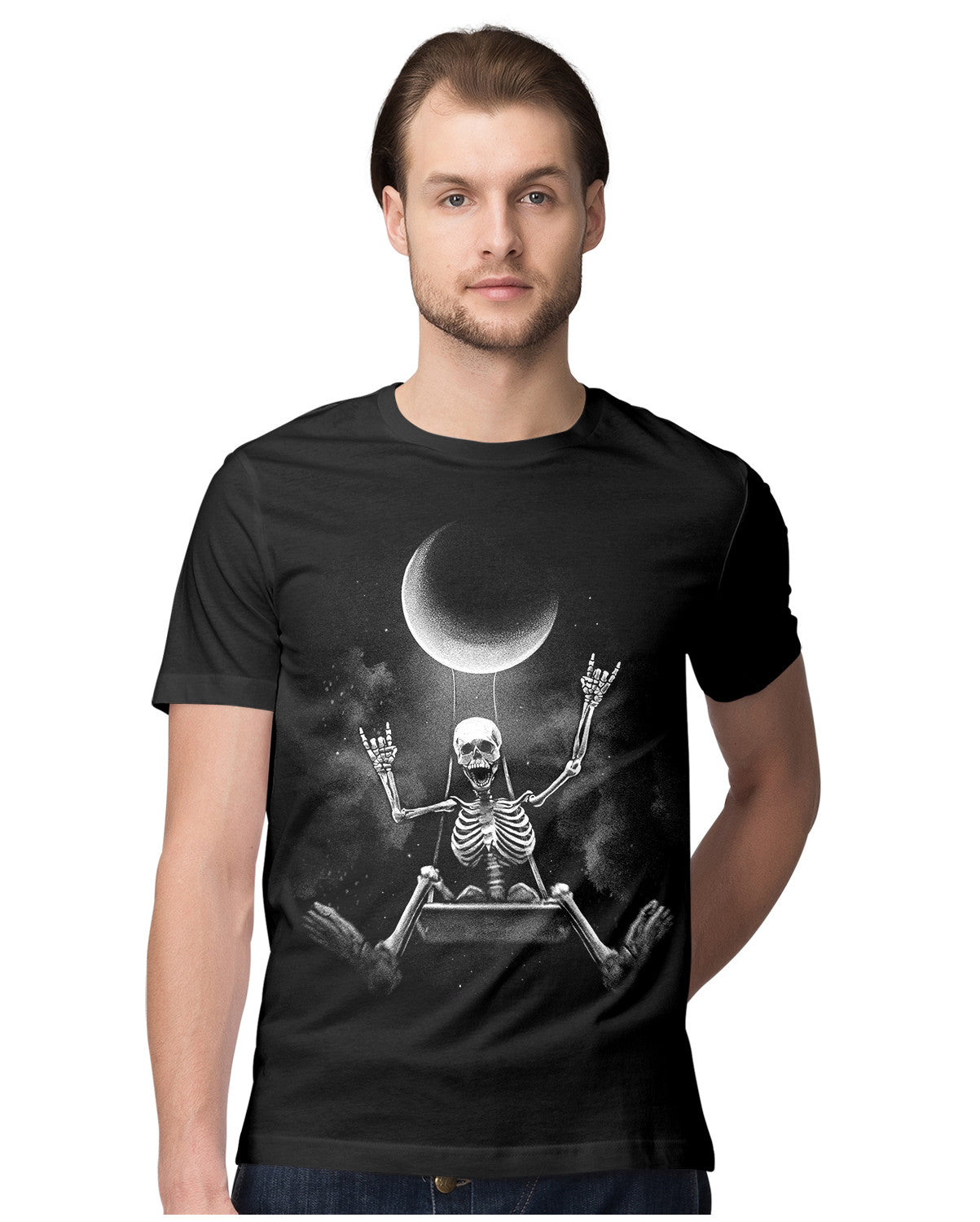 Rocker Skeleton Swinging With Moon