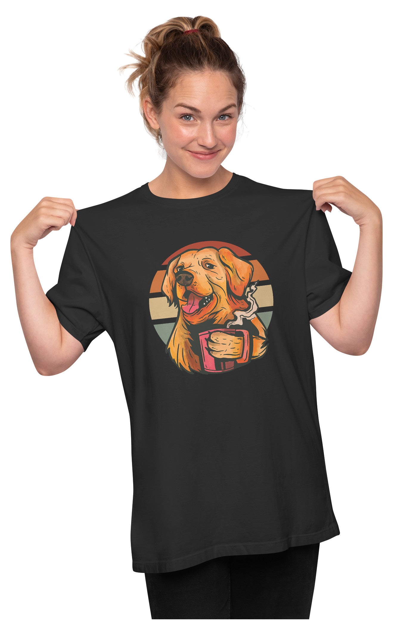 Golden Retriever With Coffee - Retro Sunset Dog Oversized Unisex T-shirt