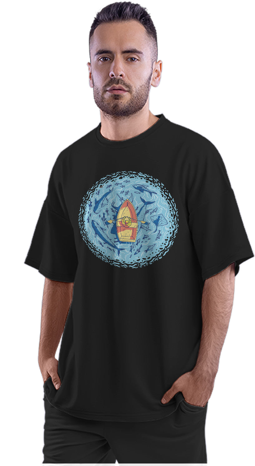 Boat Surrounded By Marine Life & Sea Animals Oversized Unisex T-shirt