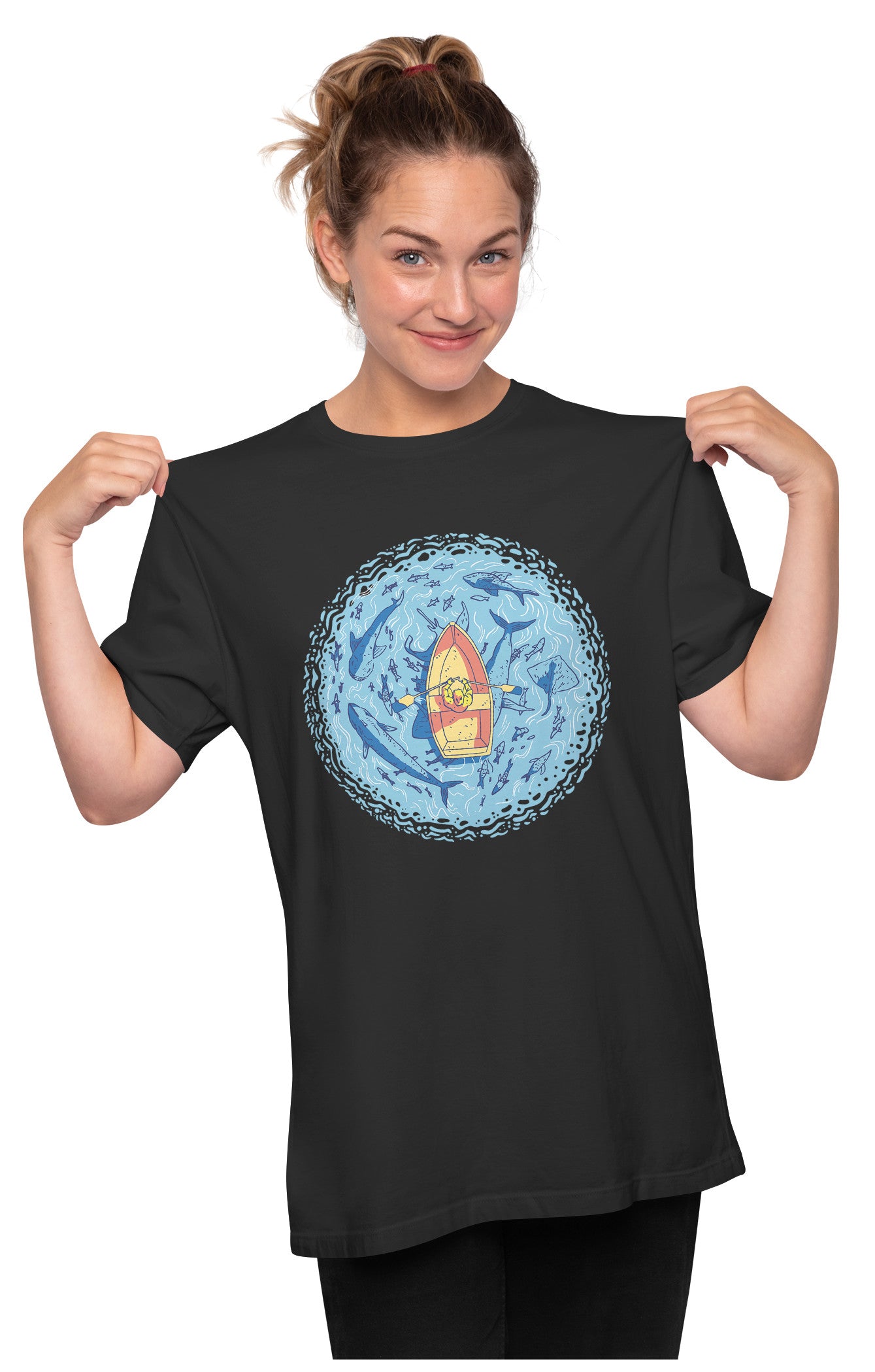 Boat Surrounded By Marine Life & Sea Animals Oversized Unisex T-shirt