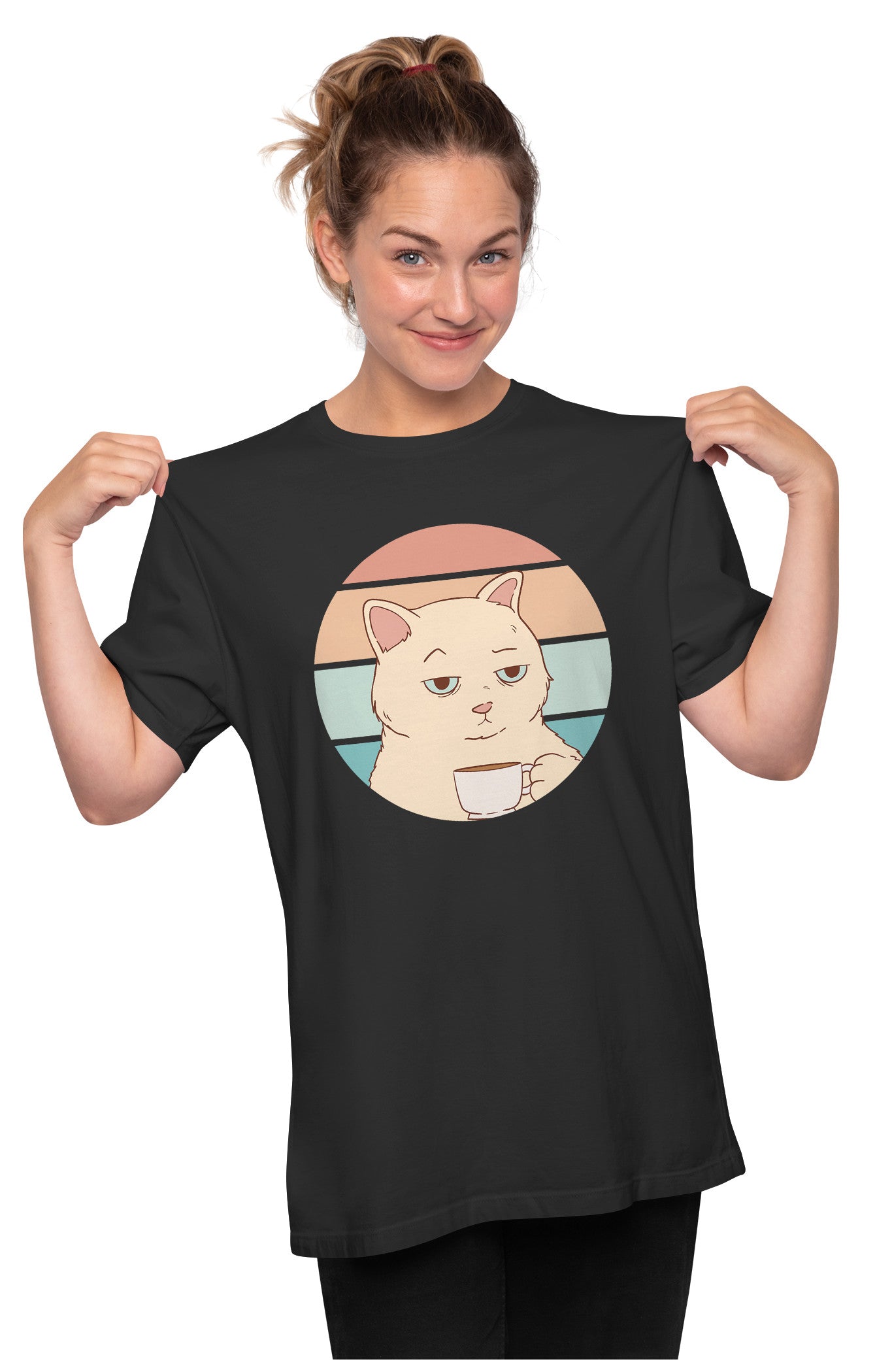Bored Cat With Coffee - Retro Sunset Oversized Unisex T-shirt