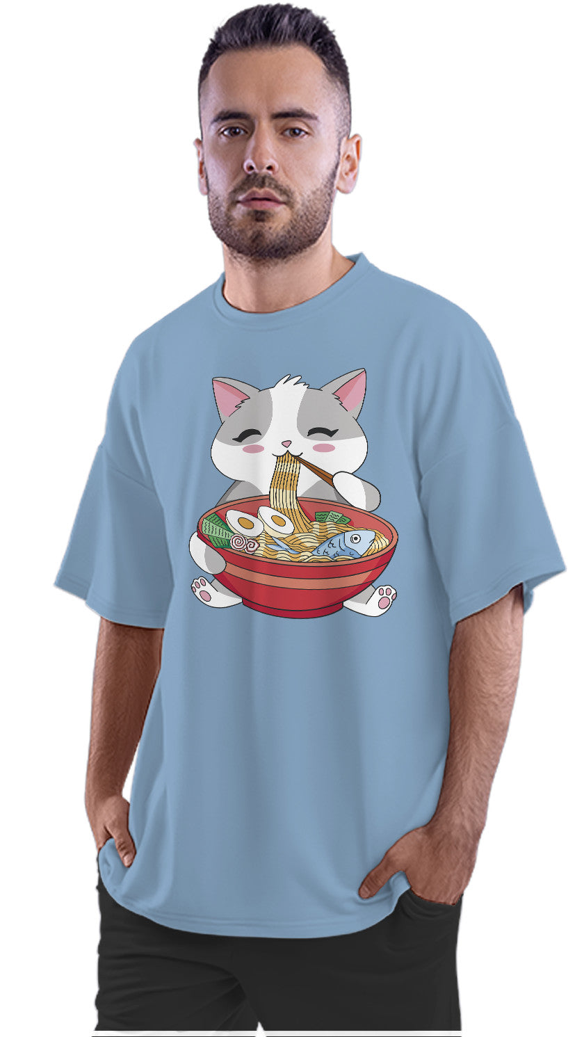 Kawaii Cat Eating Ramen Oversized Unisex T-shirt