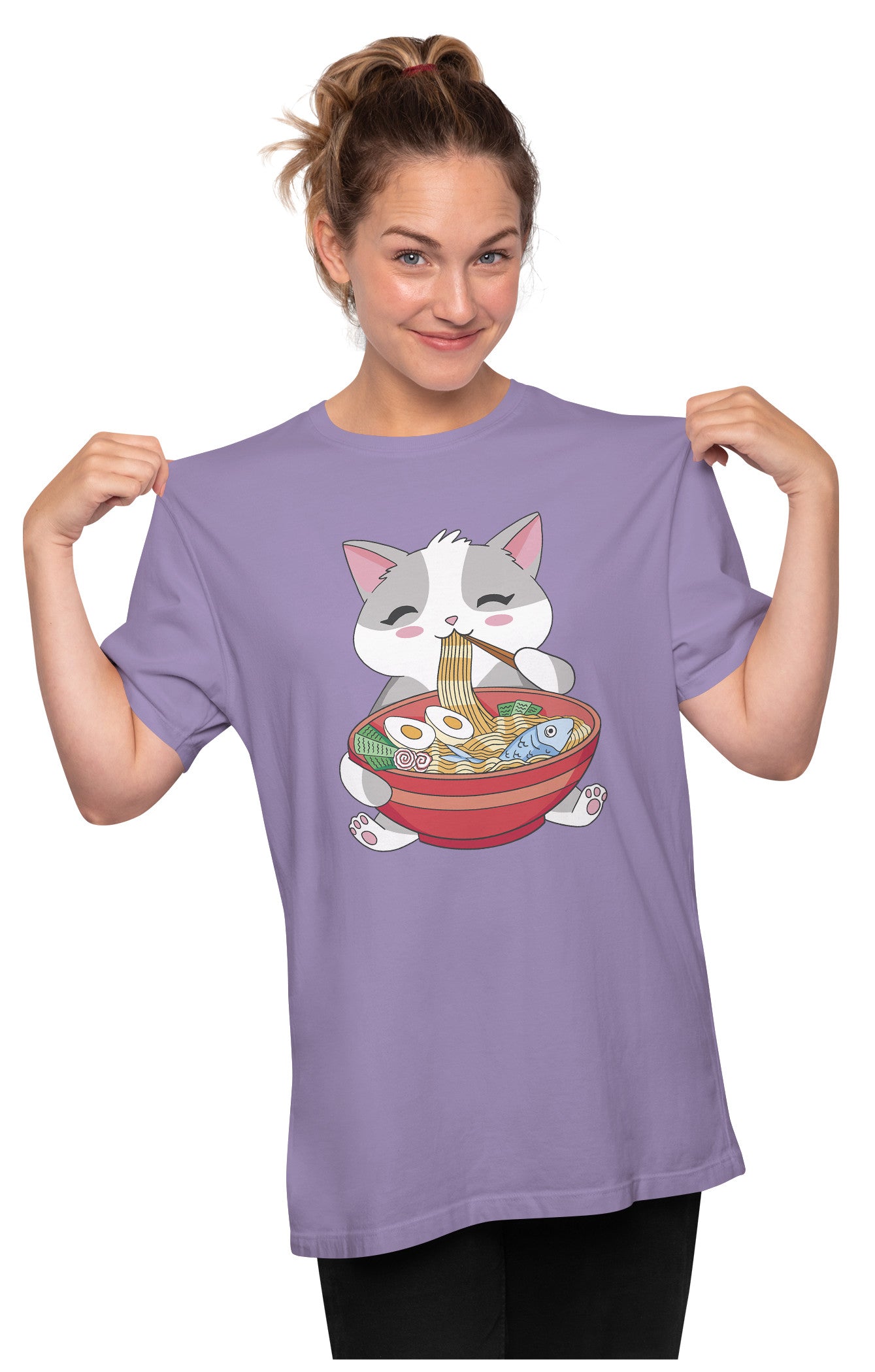 Kawaii Cat Eating Ramen Oversized Unisex T-shirt