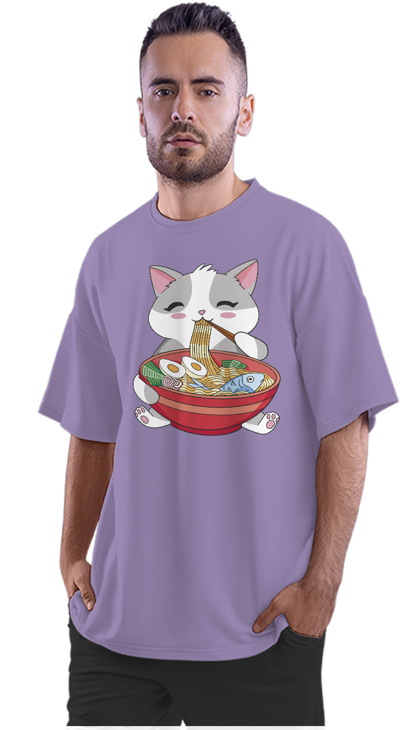 Kawaii Cat Eating Ramen Oversized Unisex T-shirt