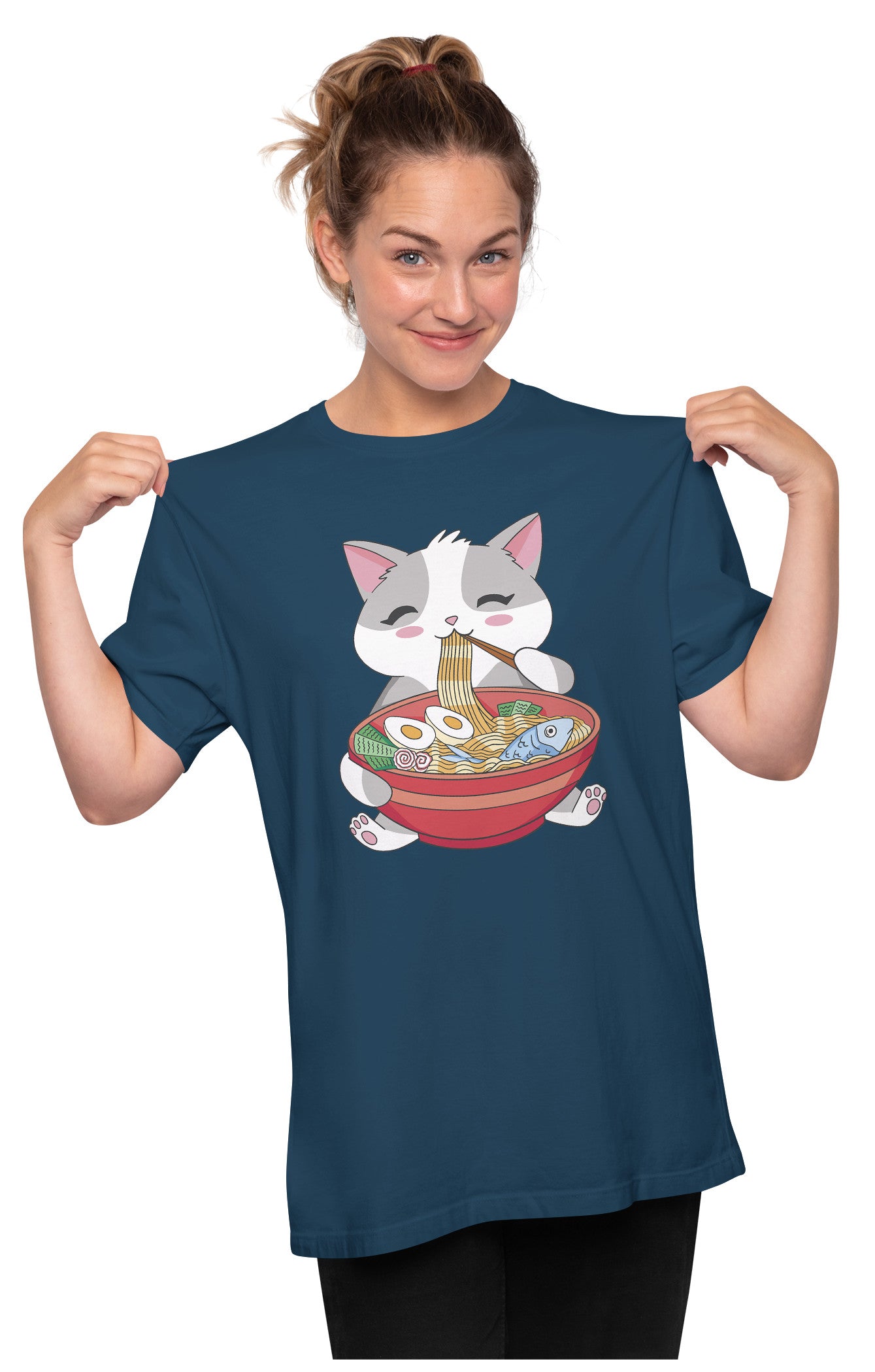 Kawaii Cat Eating Ramen Oversized Unisex T-shirt