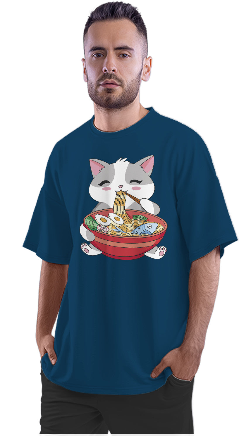 Kawaii Cat Eating Ramen Oversized Unisex T-shirt