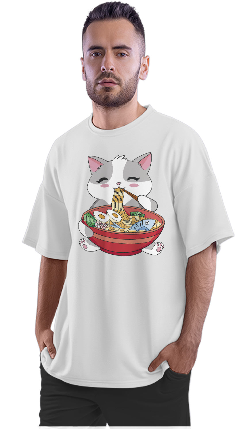 Kawaii Cat Eating Ramen Oversized Unisex T-shirt