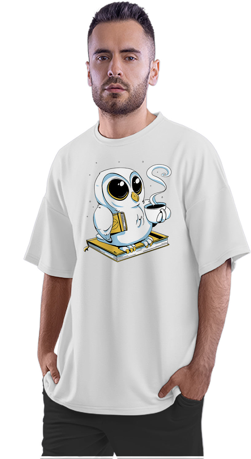 White Owl With Books & Coffee Oversized Unisex T-shirt