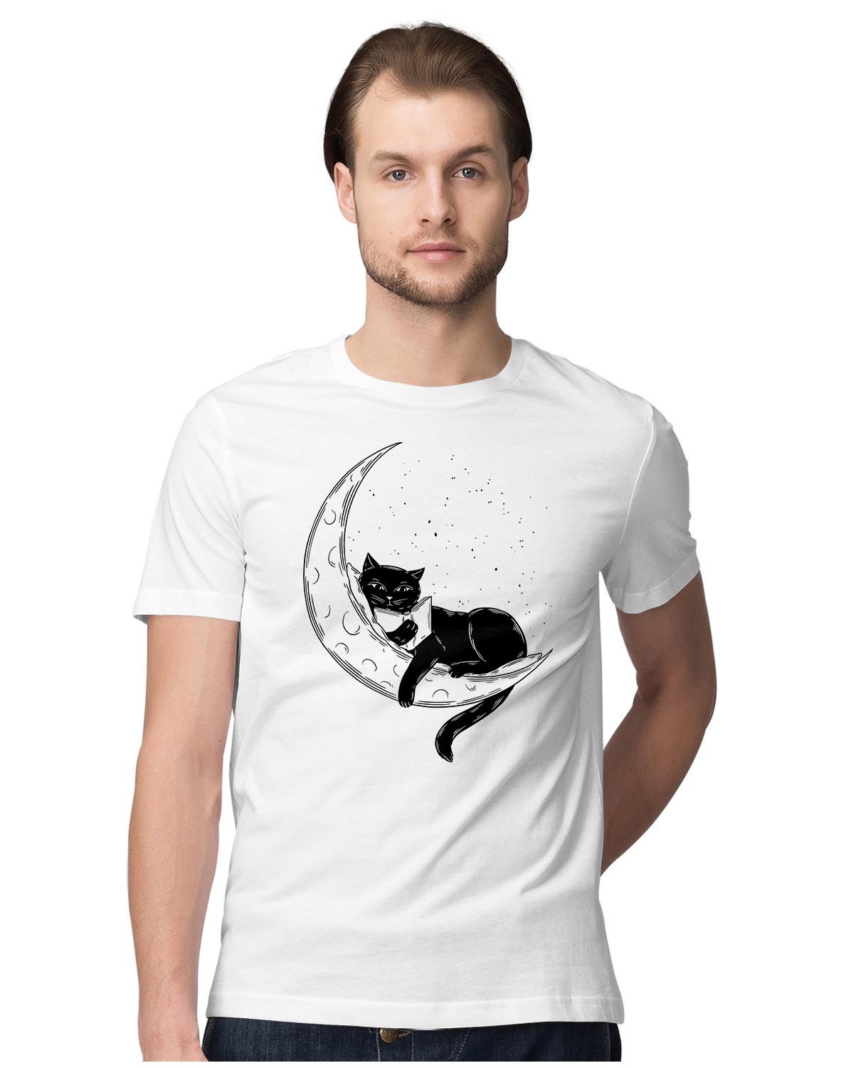 Black Cat Reading Book On Crescent Moon