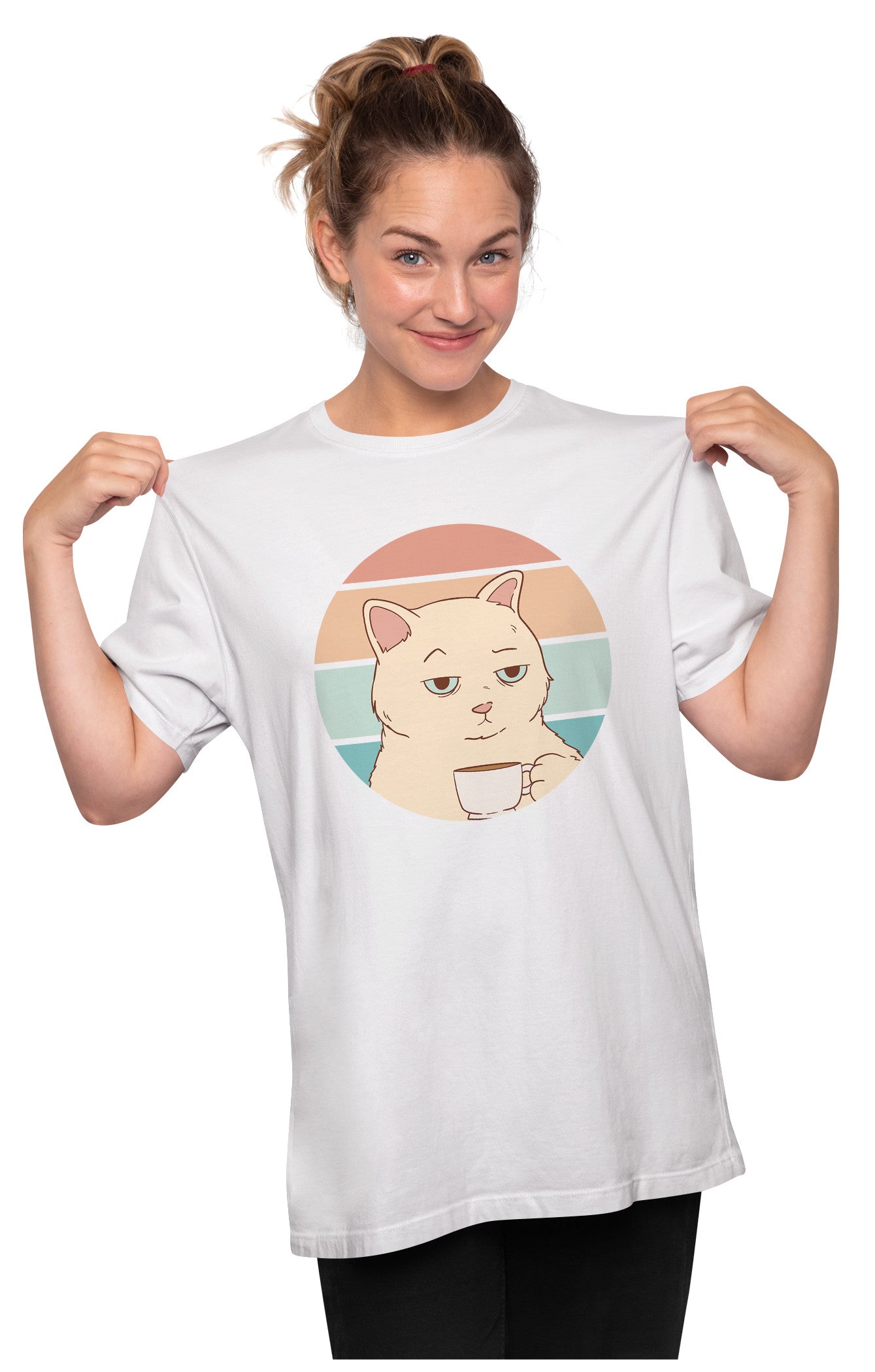 Bored Cat With Coffee - Retro Sunset Oversized Unisex T-shirt