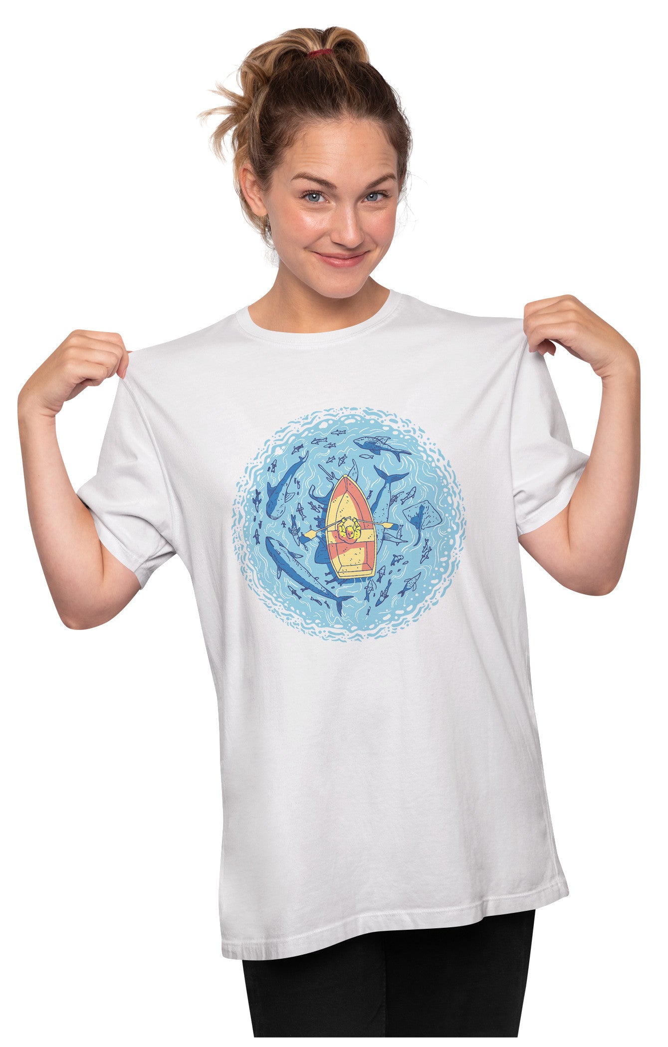 Boat Surrounded By Marine Life & Sea Animals Oversized Unisex T-shirt