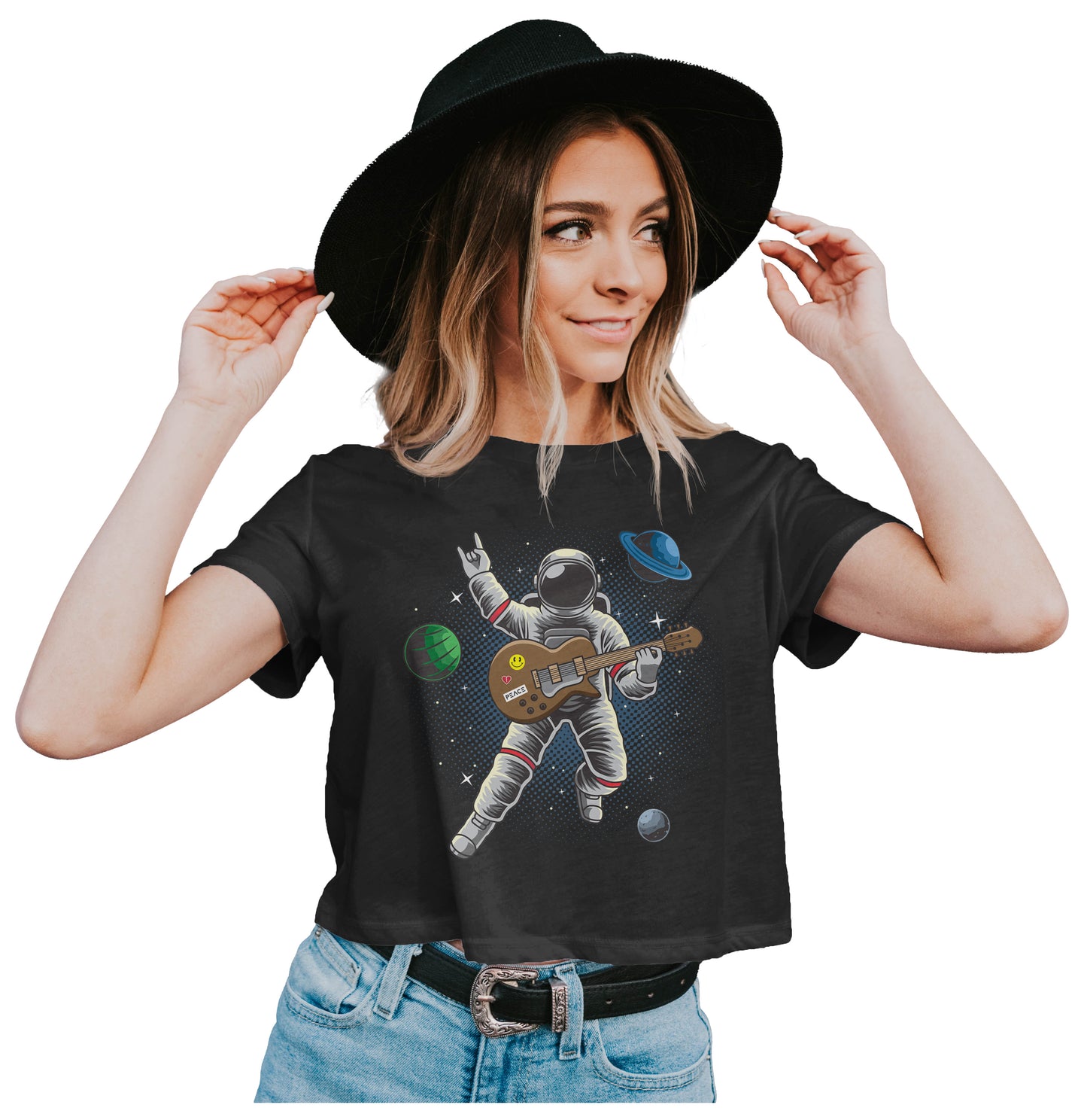 Astronaut Playing Electric Guitar In Space Crop Top