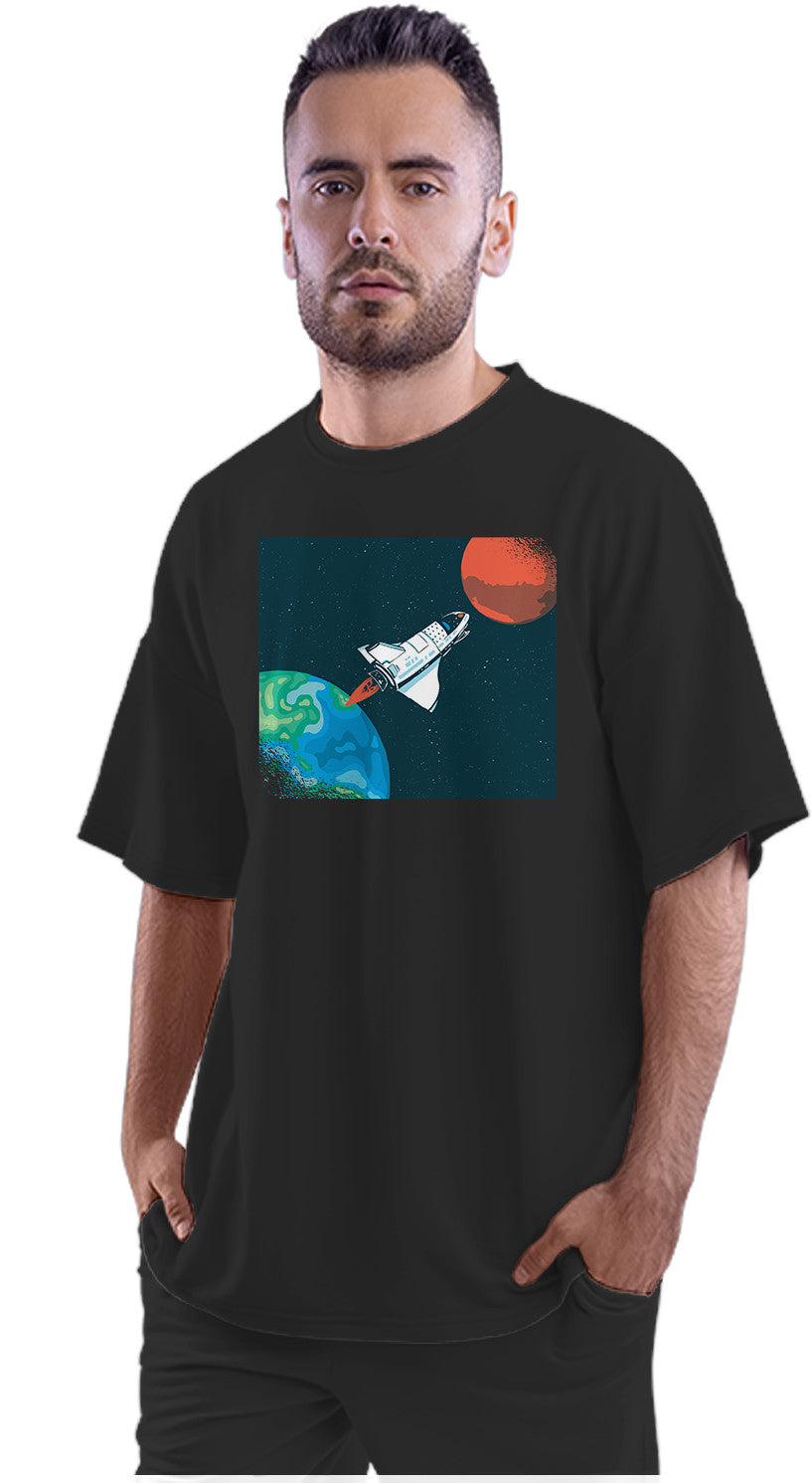 Spaceship Travelling From Earth To Mars Oversized Unisex T-shirt