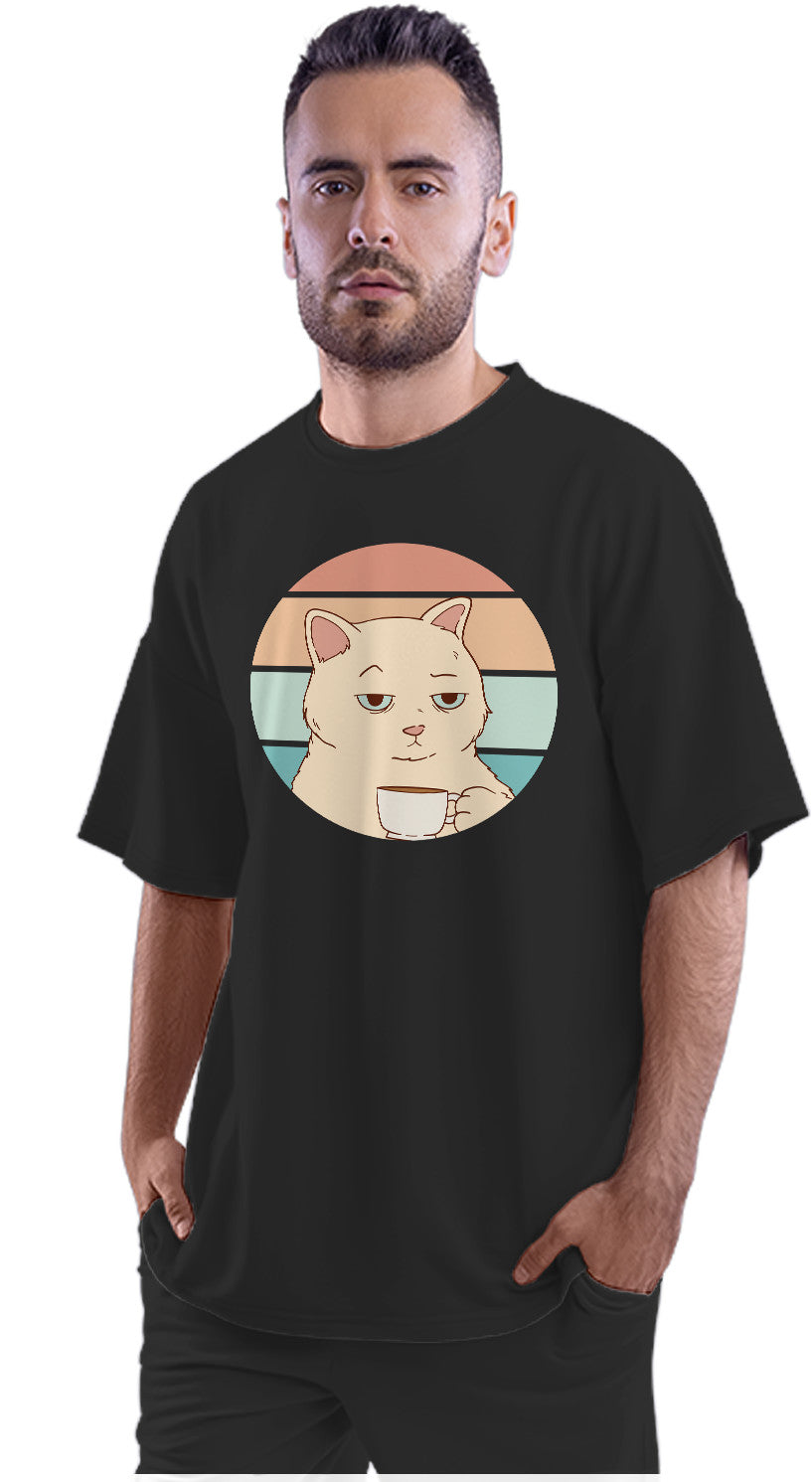 Bored Cat With Coffee - Retro Sunset Oversized Unisex T-shirt