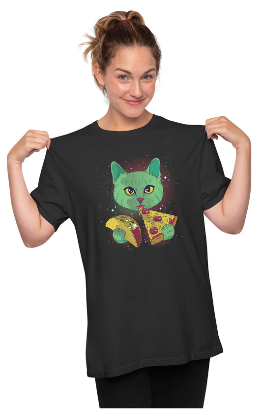 Cosmic Cat With Pizza & Taco - Funny Oversized Unisex T-shirt