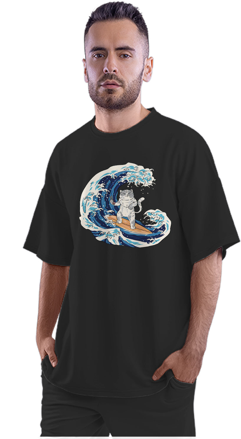 Great Wave off Kanagawa Cat Surfer Oversized Unisex T-shirt