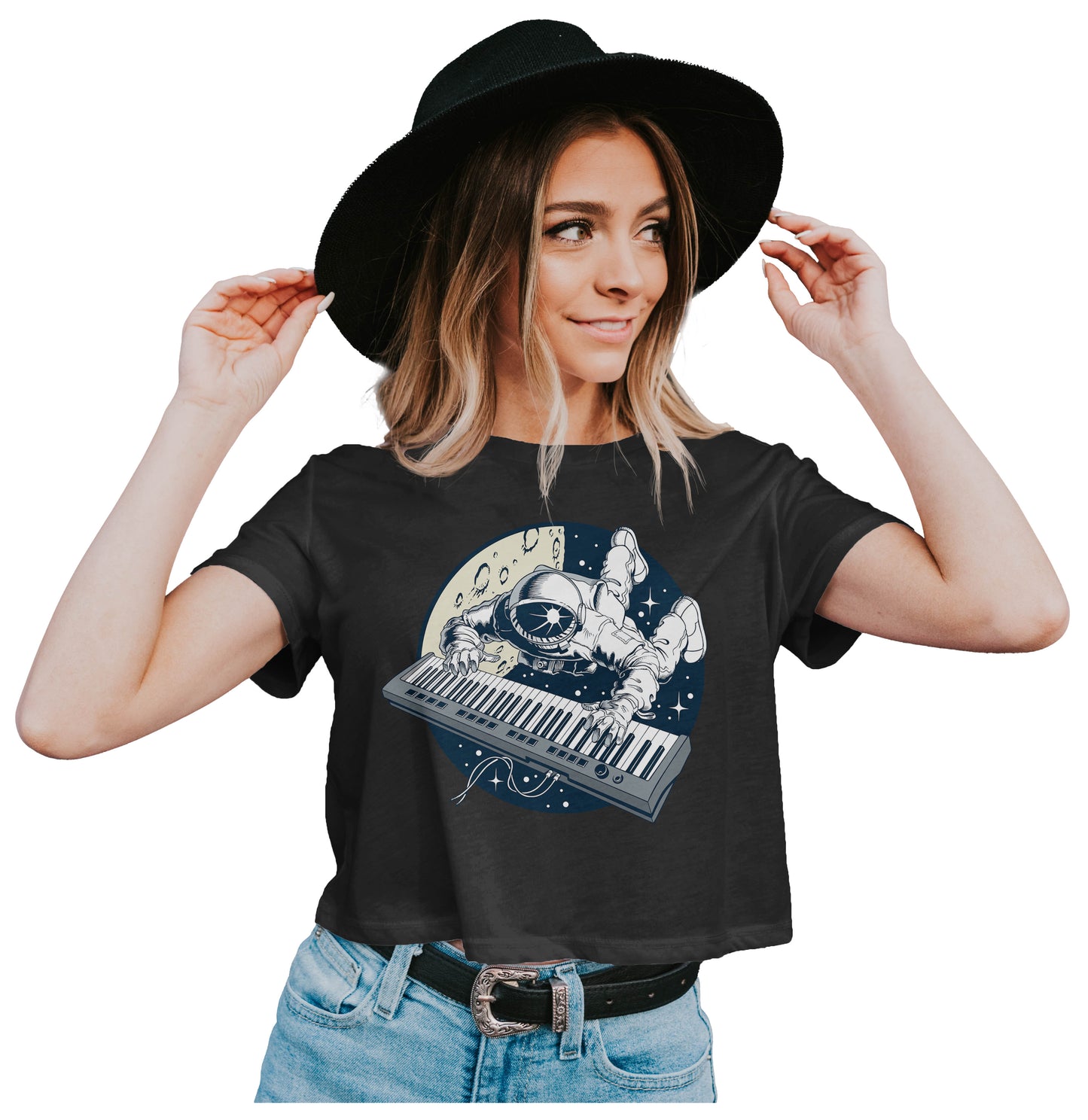 Astronaut Playing Keyboard In Space Crop Top