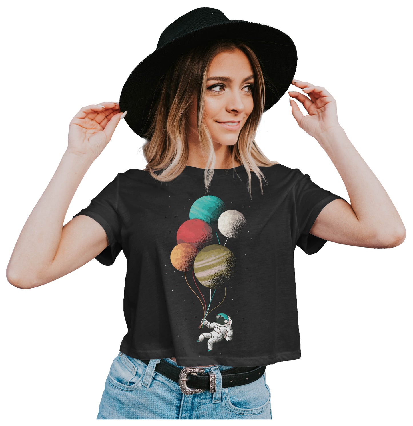 Astronaut With Balloon Planets Crop Top