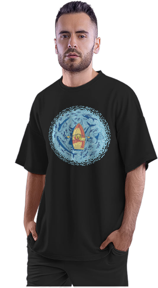 Boat Surrounded By Marine Life & Sea Animals Oversized Unisex T-shirt