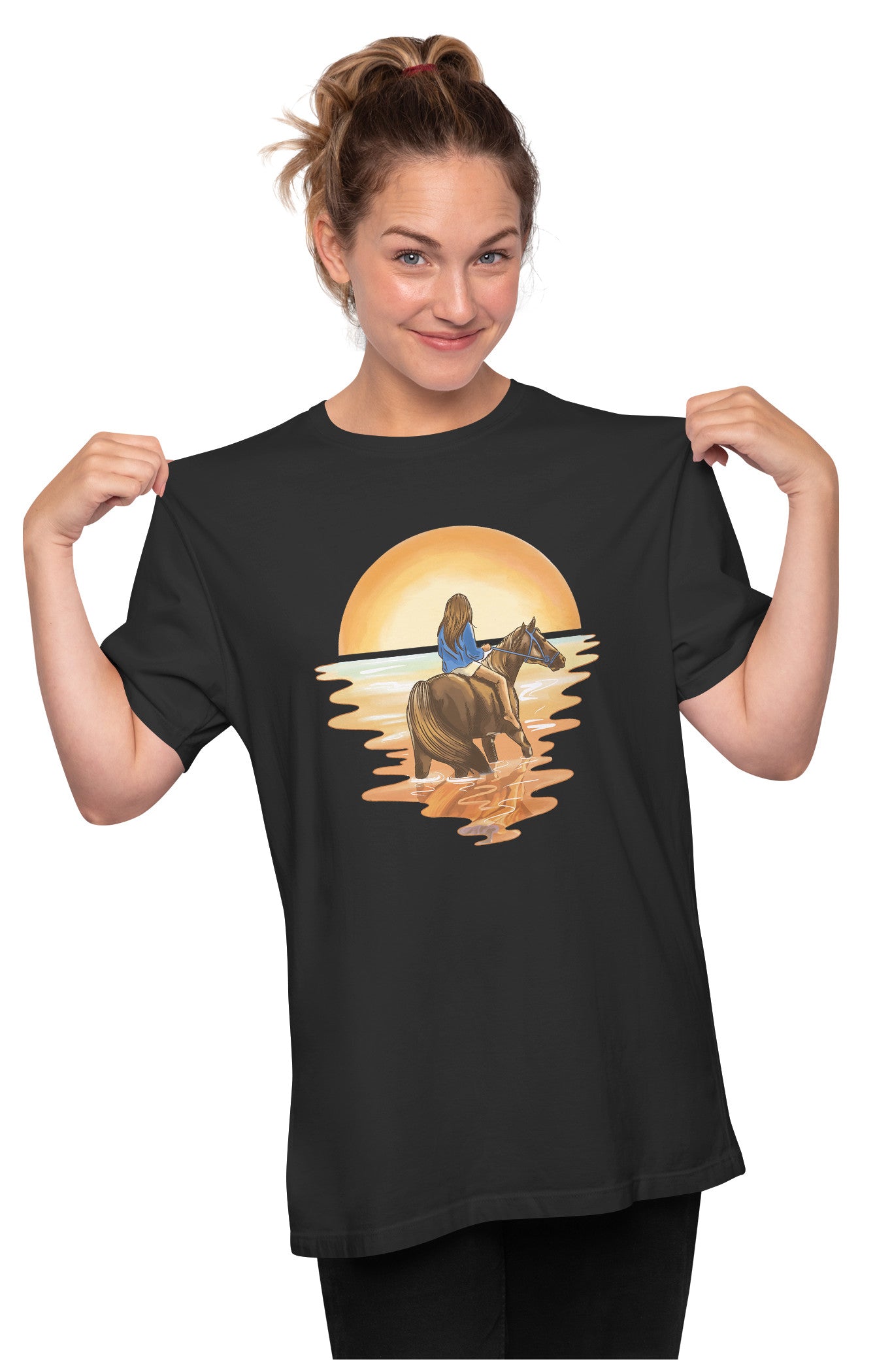Girl Riding Horse Amidst Sunset Oversized Unisex T-shirt