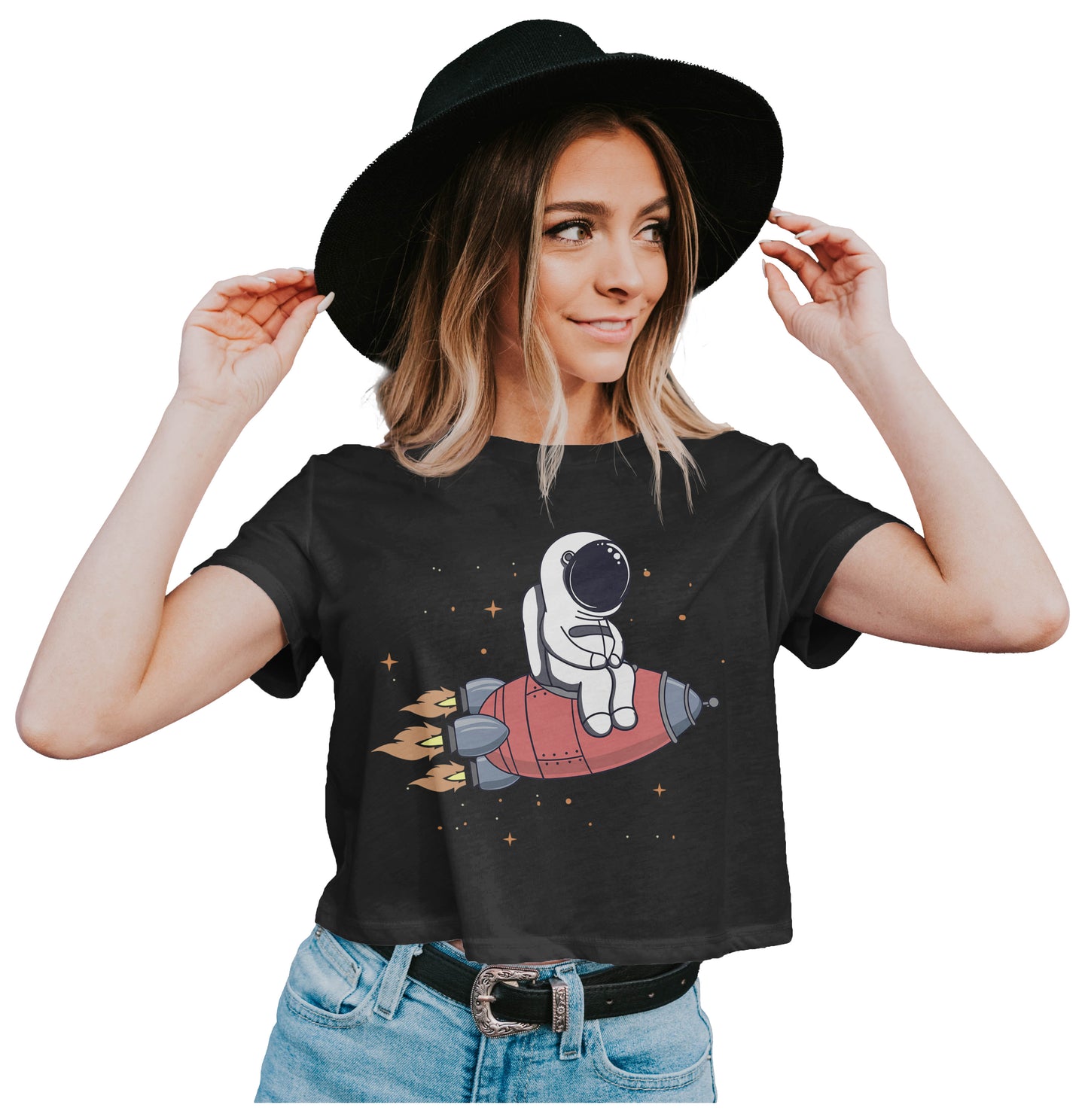 Astronaut On Rocket Crop Top