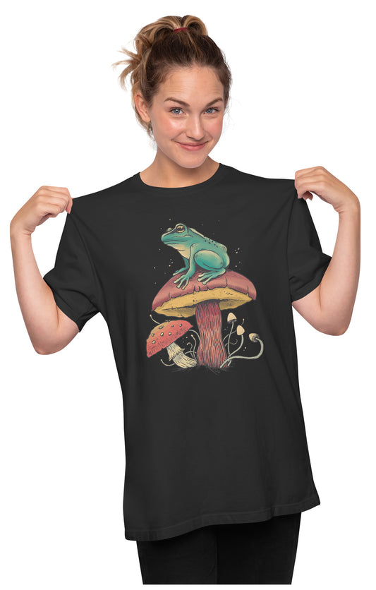 Forest Frog Perched Atop A Mushroom Oversized Unisex T-shirt