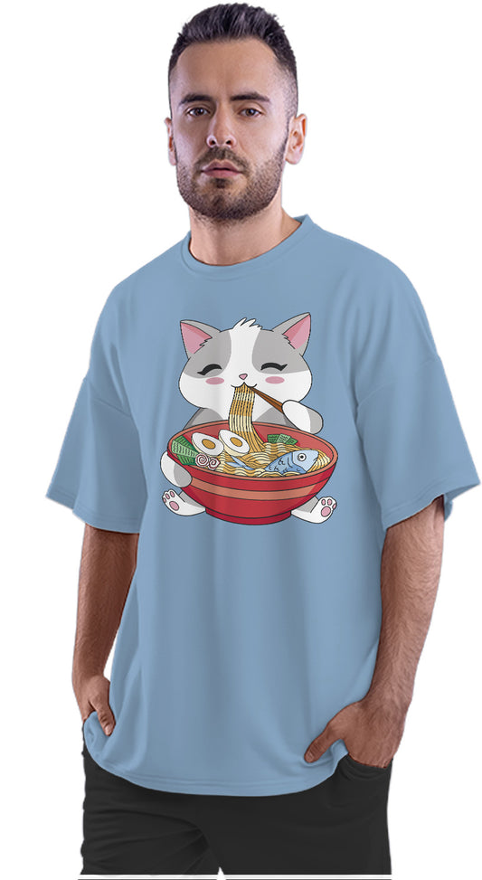 Kawaii Cat Eating Ramen Oversized Unisex T-shirt