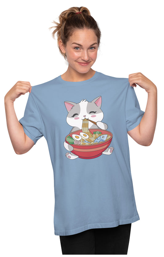 Kawaii Cat Eating Ramen Oversized Unisex T-shirt