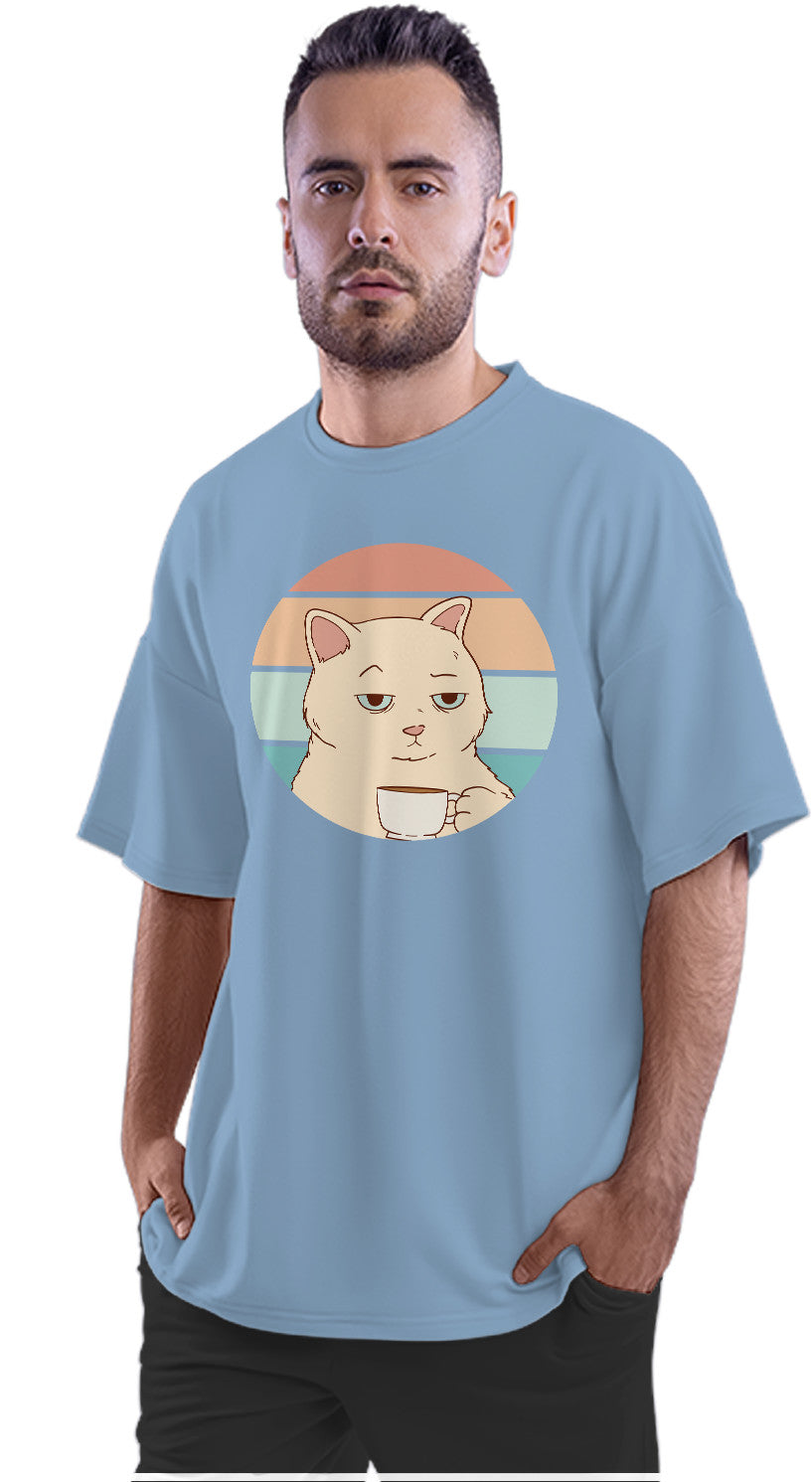 Bored Cat With Coffee - Retro Sunset Oversized Unisex T-shirt