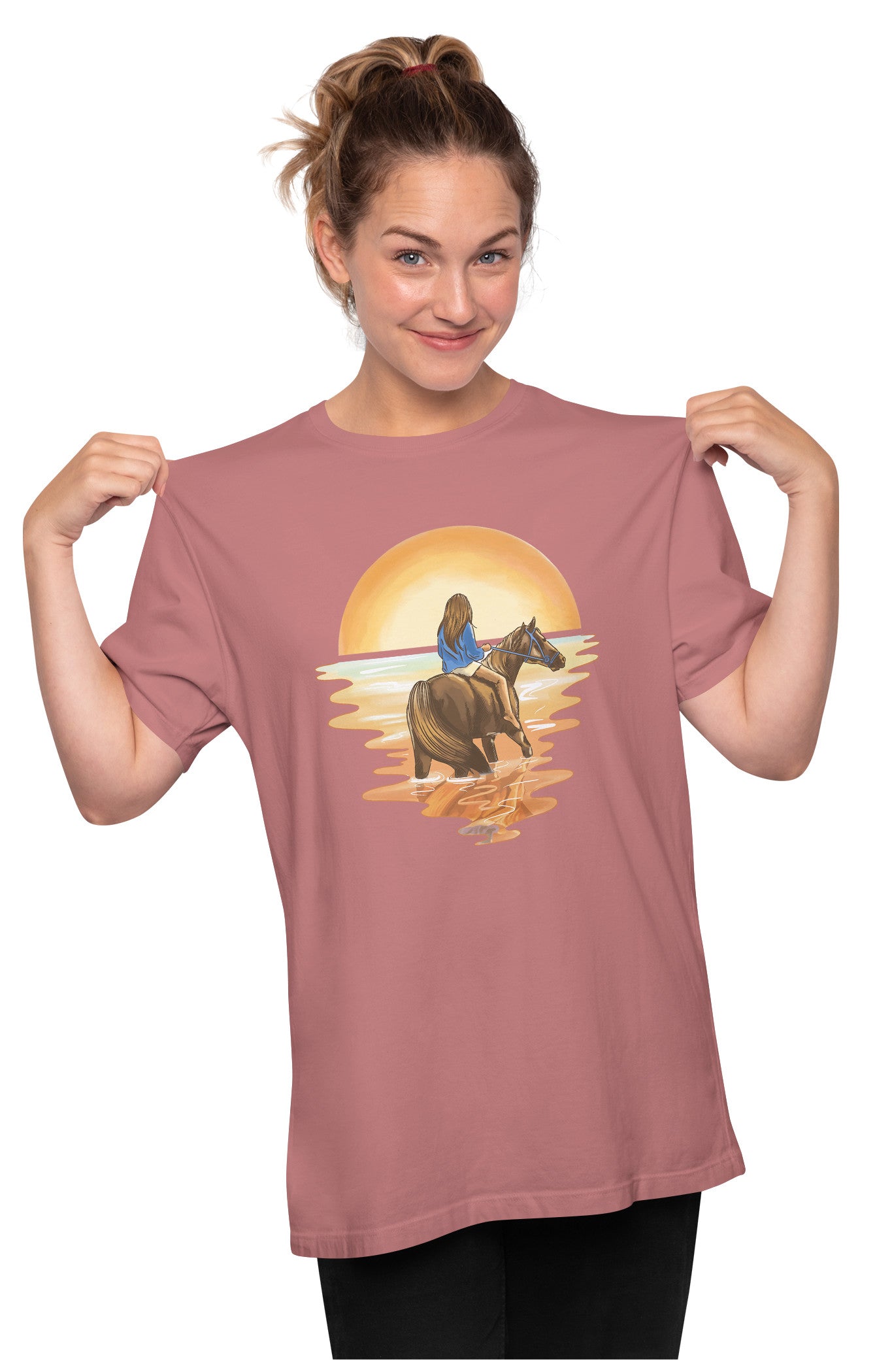 Girl Riding Horse Amidst Sunset Oversized Unisex T-shirt