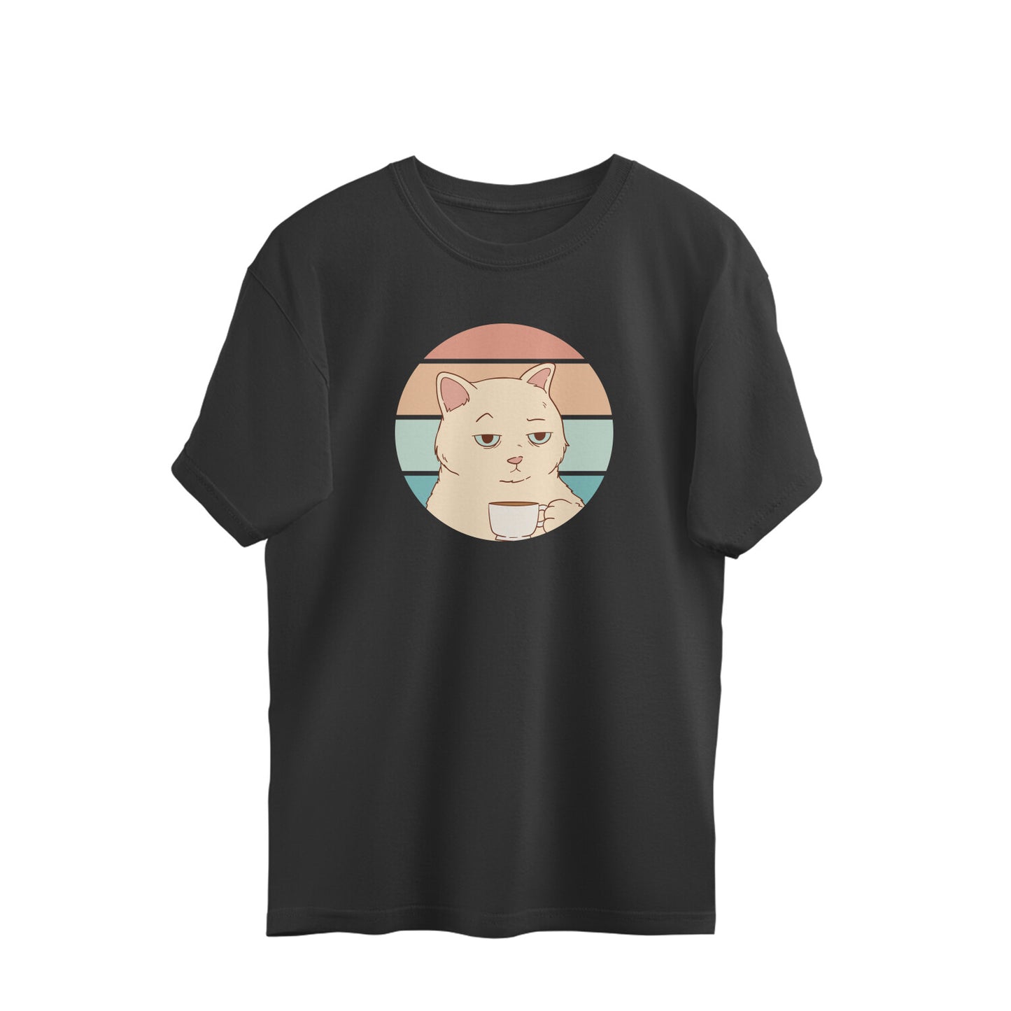 Bored Cat With Coffee - Retro Sunset Oversized Unisex T-shirt