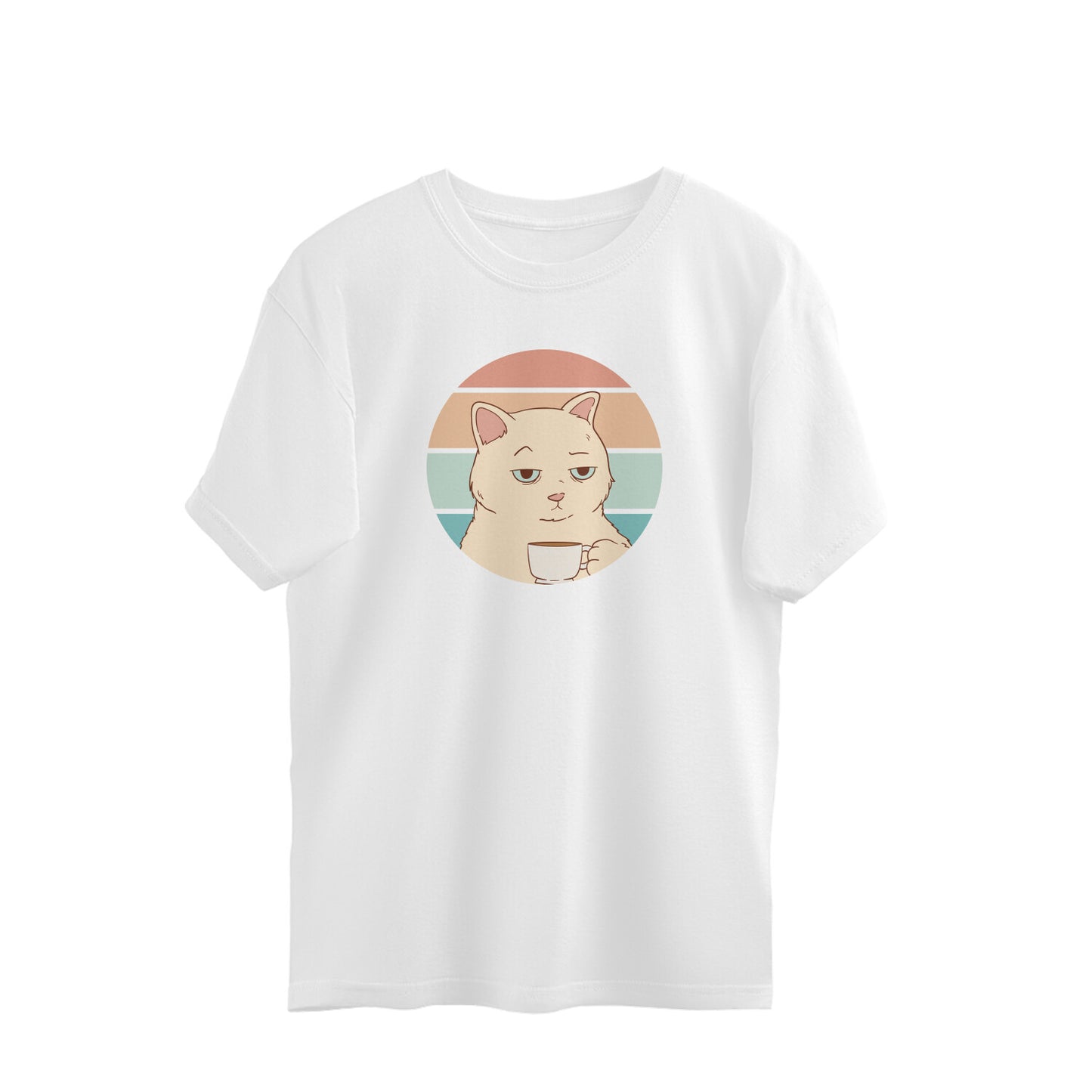 Bored Cat With Coffee - Retro Sunset Oversized Unisex T-shirt