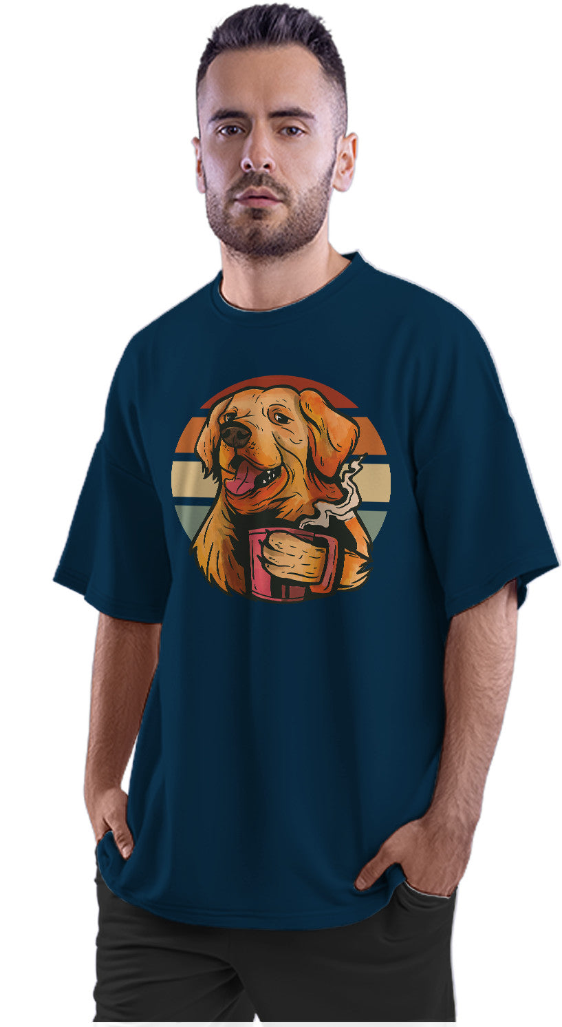 Golden Retriever With Coffee - Retro Sunset Dog Oversized Unisex T-shirt