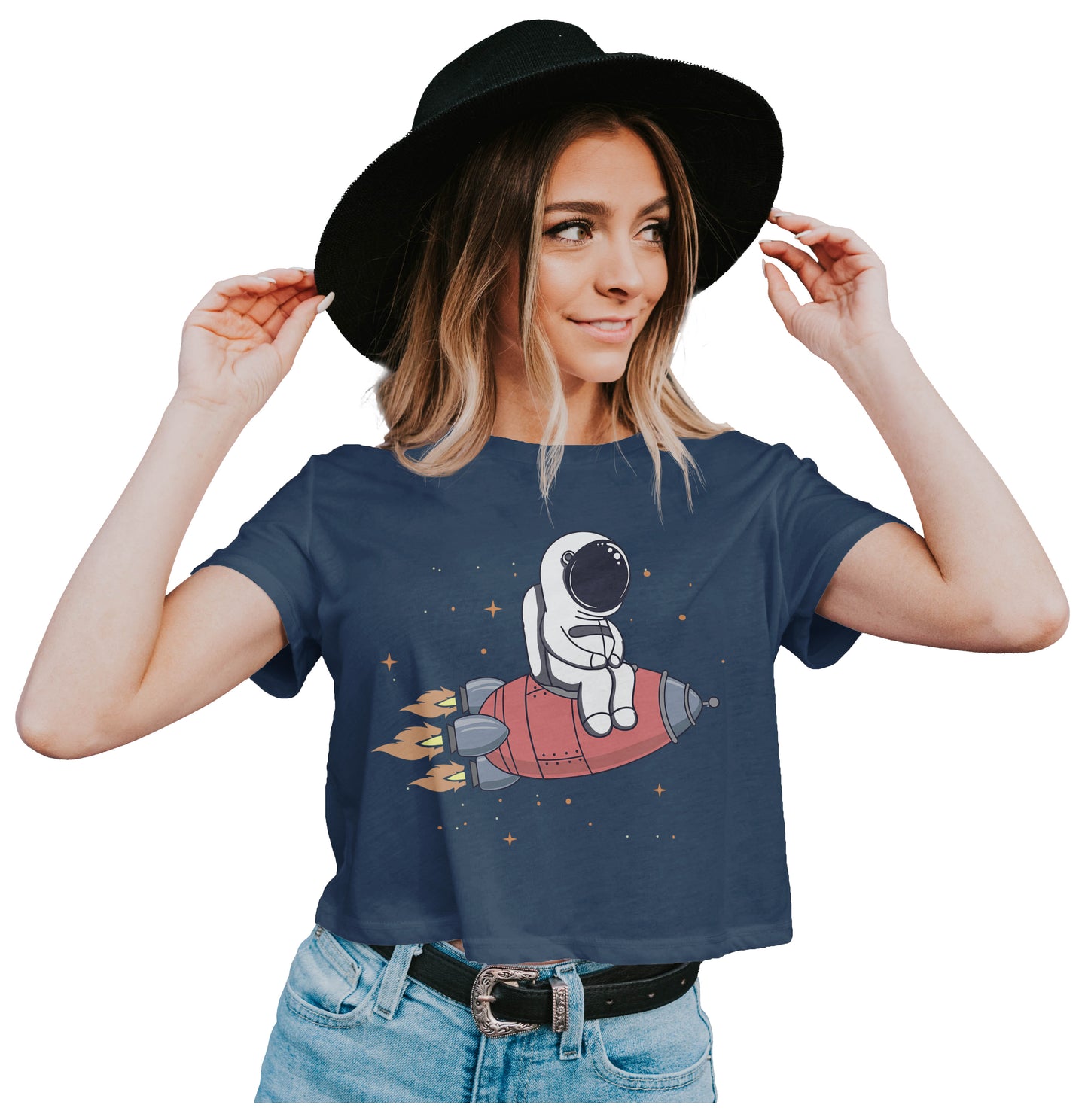 Astronaut On Rocket Crop Top