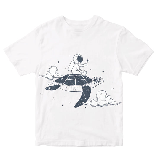 Cute Astronaut Riding With Turtle In Space Kids