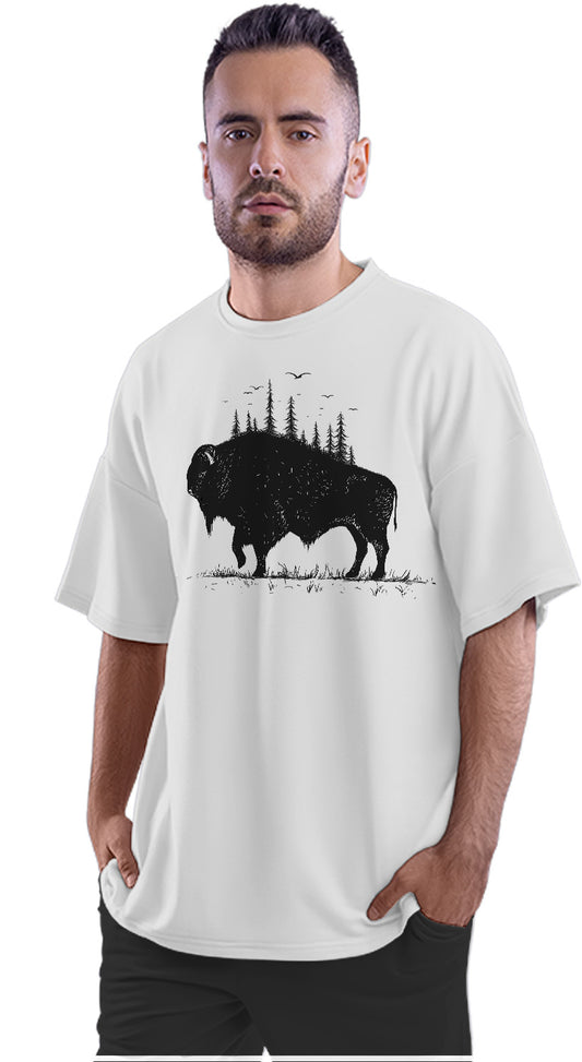 Majestic Wandering Bison - Landscape Illustration Oversized Unisex T-shirt