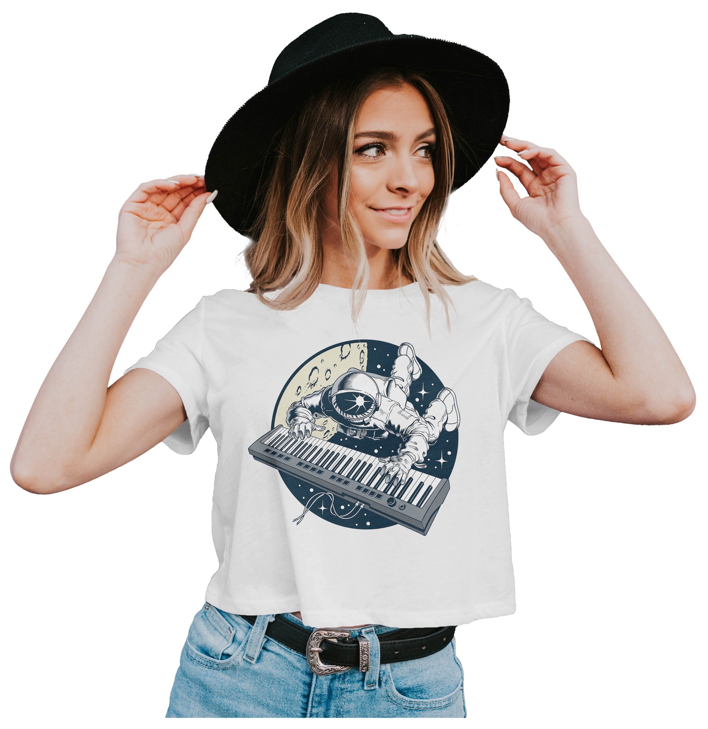 Astronaut Playing Keyboard In Space Crop Top