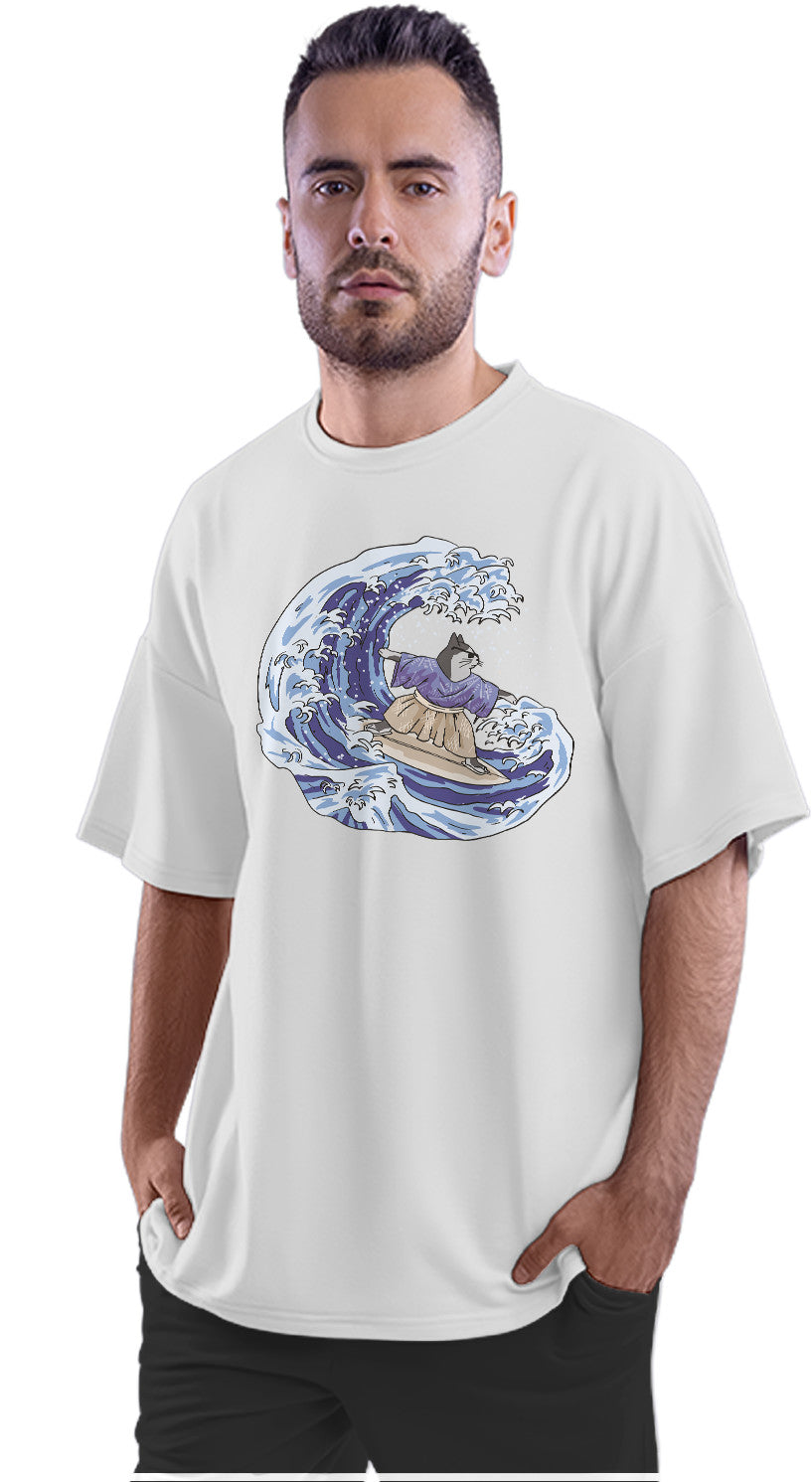 Japanese Cat Surfing Great Wave Oversized Unisex T-shirt