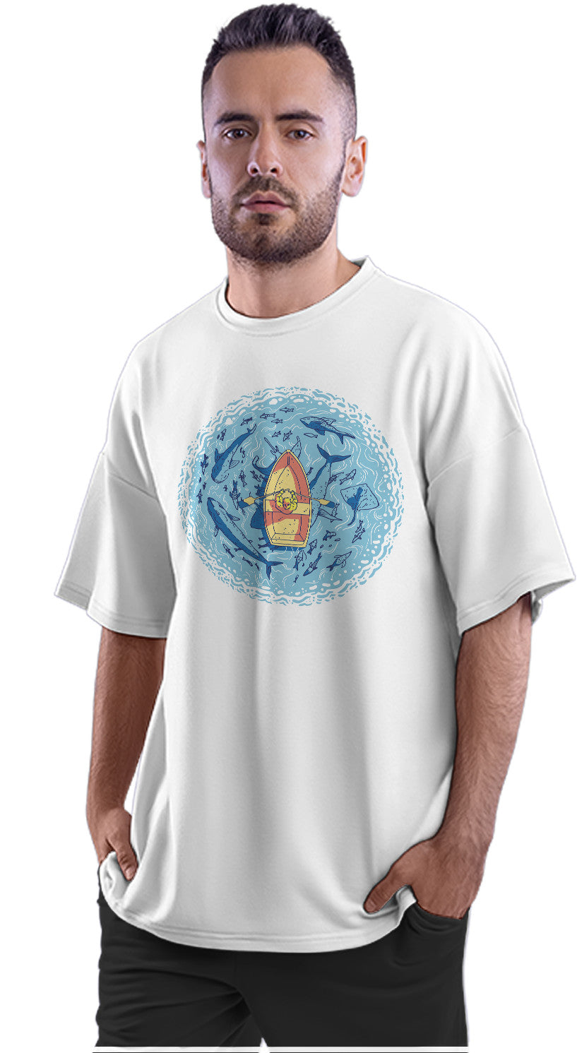 Boat Surrounded By Marine Life & Sea Animals Oversized Unisex T-shirt